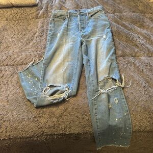 BDG High-Waisted Slim Straight Jean – Ripped Light Wash with white dots